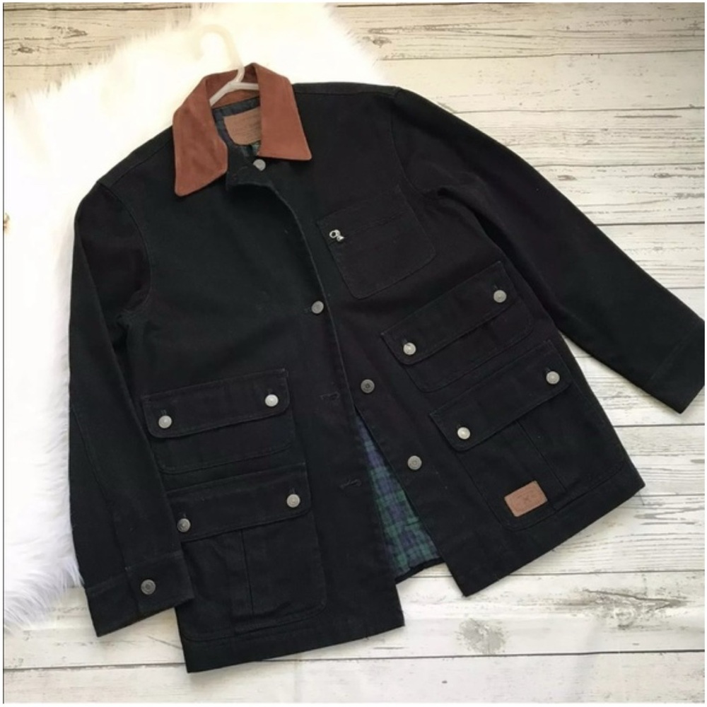 VTG Ralph Lauren Black Barn Chore Coat Hunting Jacket Leather Trim, sz Medium